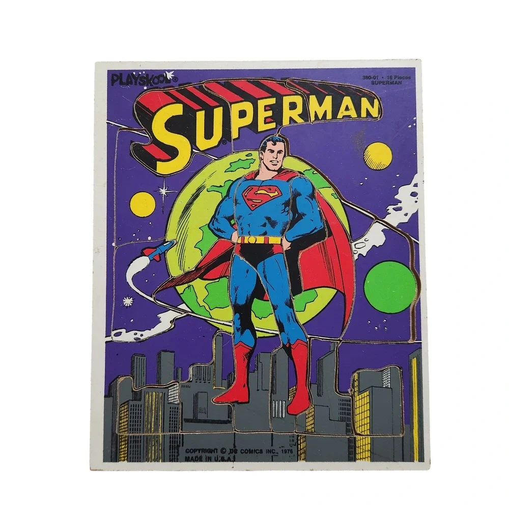 Vintage 1976 Playskool Superman Wood Tray Puzzle 18 Pieces DC Comics 380-01